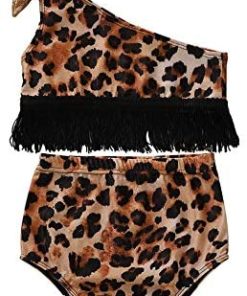 Fullyday Leopard Print 2 Pcs Baby Girl Swimsuit Set, Tassel Bathing Suit Beach Swimwear for 1-5T Toddler Kids Bikini Set